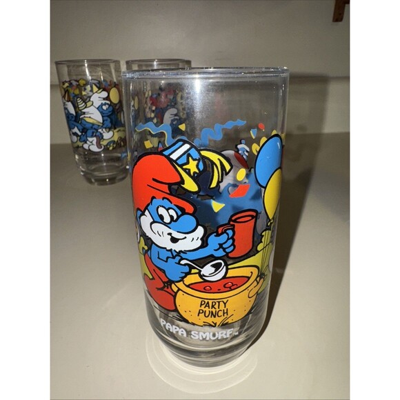 Smurf Collector Glasses Wallace Berrie PEYO 1983 Lot 4 Harmony Handy Papa Clumsy - Picture 9 of 16